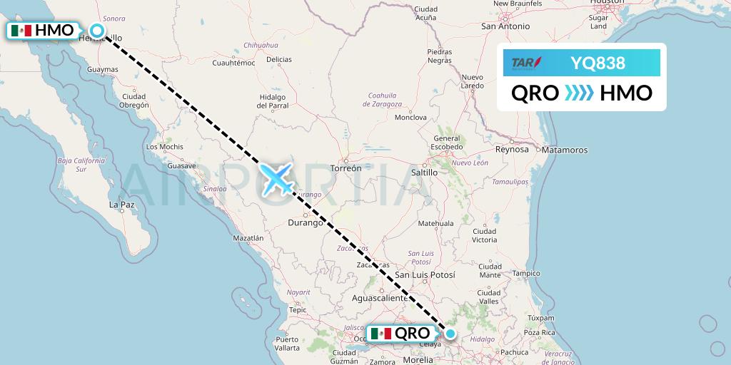 YQ838 TAR Aerolineas Flight Map: Queretaro to Hermosillo