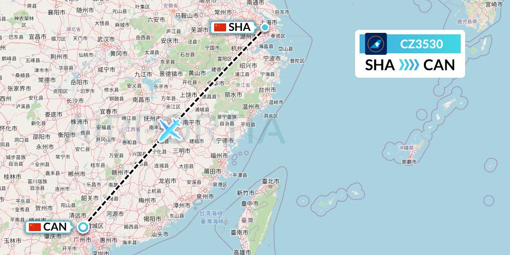 CZ3530 China Southern Airlines Flight Map: Shanghai to Guangzhou