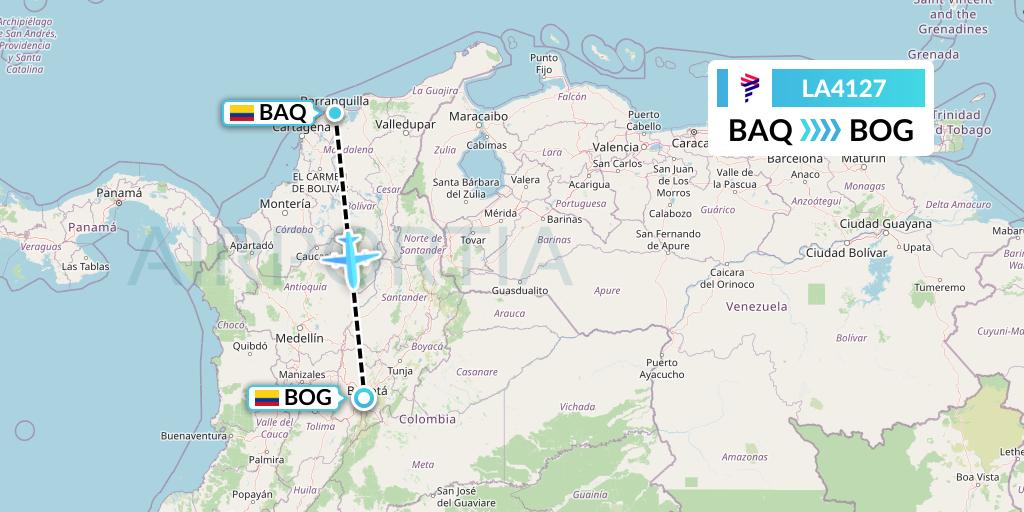 LA4127 LAN Airlines Flight Map: Barranquilla to Bogota