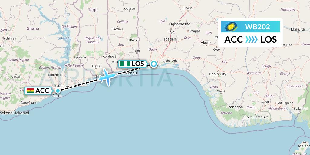 WB202 RwandAir Flight Map: Accra to Lagos