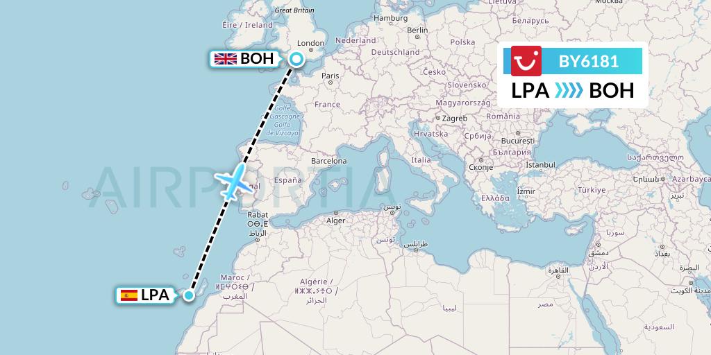 BY6181 TUI Airways Flight Map: Las Palmas to Bournemouth
