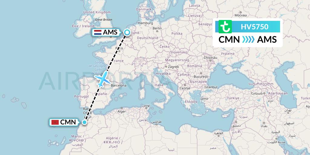 HV5750 Transavia Flight Map: Casablanca to Amsterdam