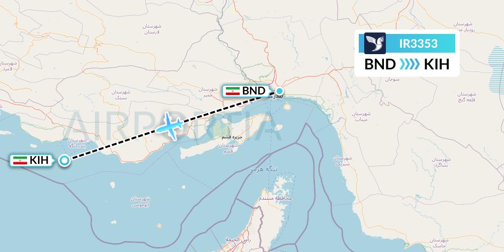 IR3353 Iran Air Flight Map: Bandar Abbas to Kish Island