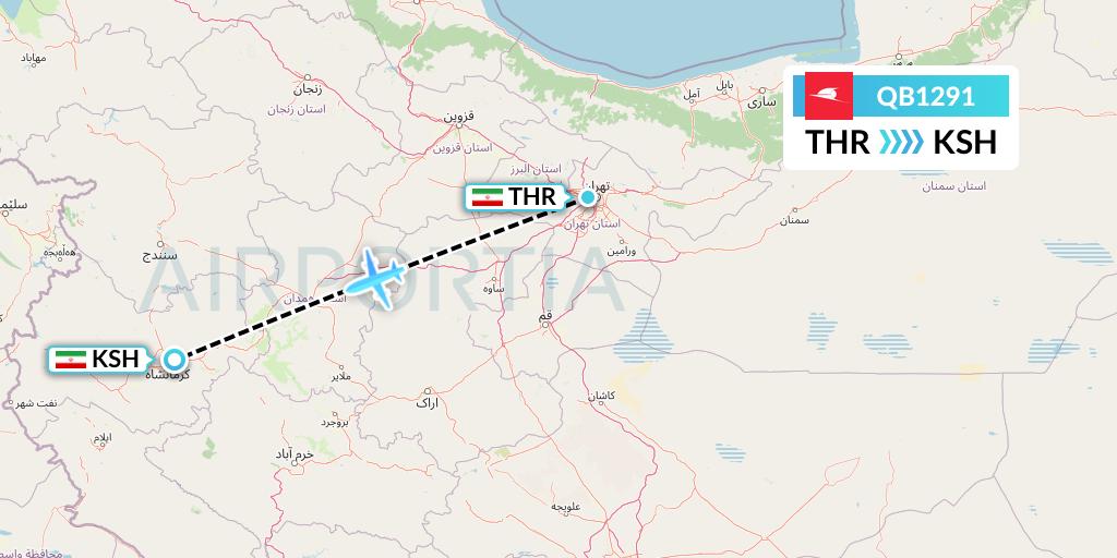 QB1291 Qeshm Airlines Flight Map: Tehran to Kermanshah