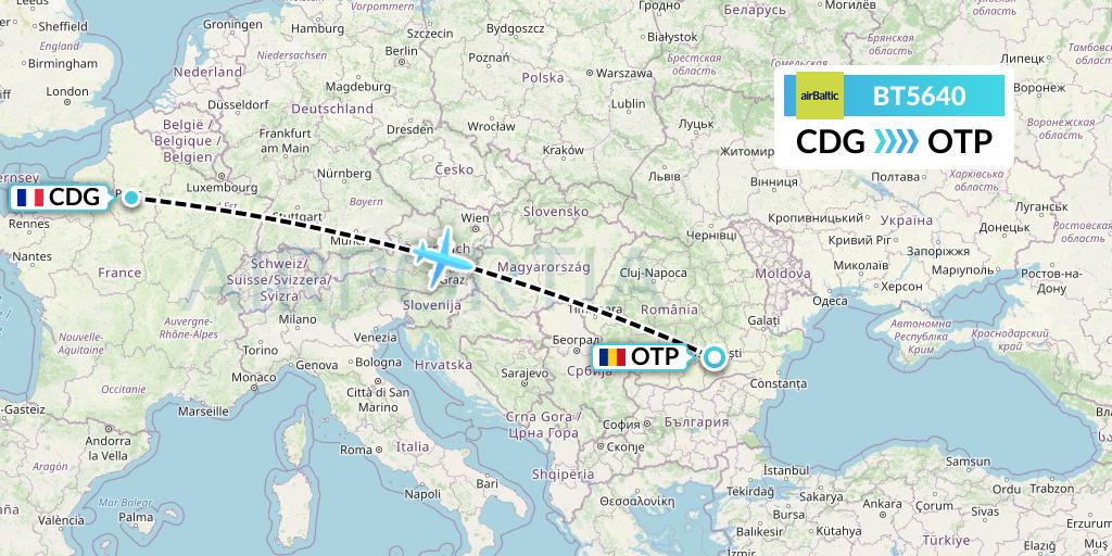 BT5640 Air Baltic Flight Map: Paris to Bucharest