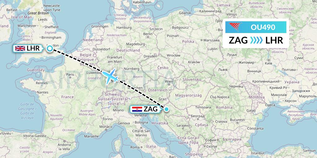 OU490 Croatia Airlines Flight Map: Zagreb to London