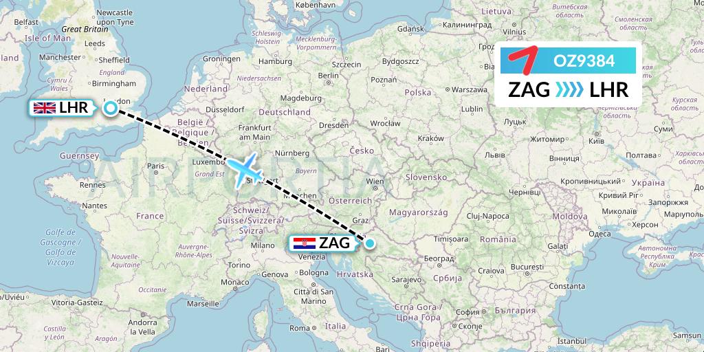 OZ9384 Asiana Airlines Flight Map: Zagreb to London