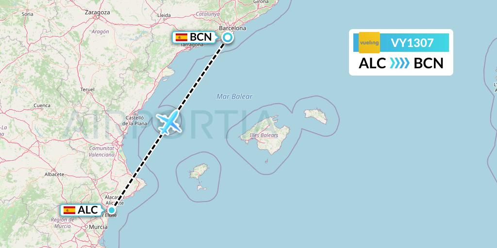 VY1307 Vueling Flight Map: Alicante to Barcelona