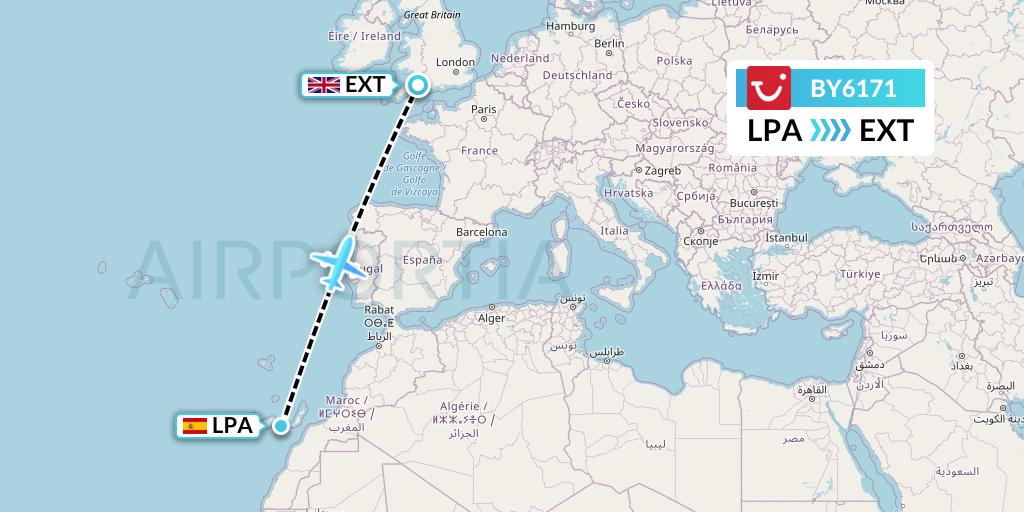 BY6171 TUI Airways Flight Map: Las Palmas to Exeter