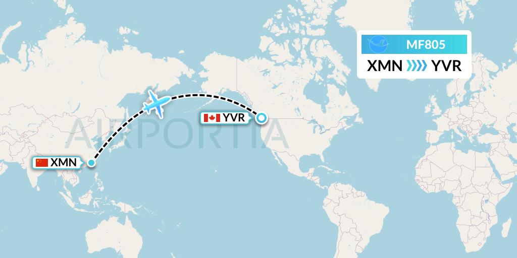 MF805 Xiamen Airlines Flight Map: Xiamen to Vancouver