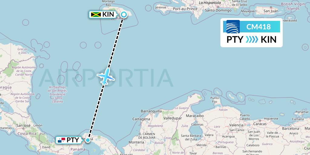 CM418 Copa Airlines Flight Map: Panama City to Kingston
