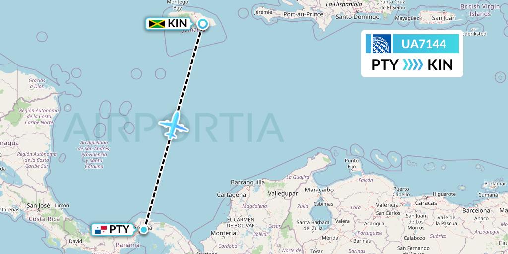 UA7144 United Airlines Flight Map: Panama City to Kingston