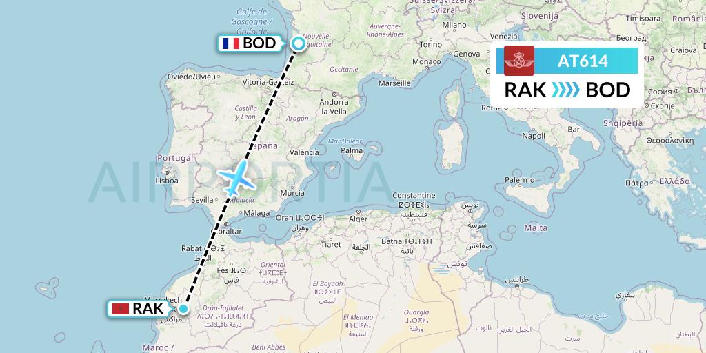 AT614 Royal Air Maroc Flight Map: Marrakesh to Bordeaux