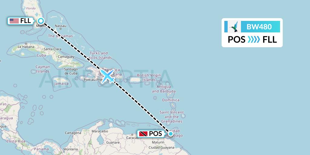 BW480 Caribbean Airlines Flight Map: Port of Spain to Fort Lauderdale
