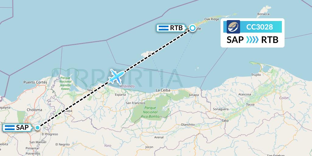 CC3028 CM Airlines Flight Map: San Pedro Sula to Roatan