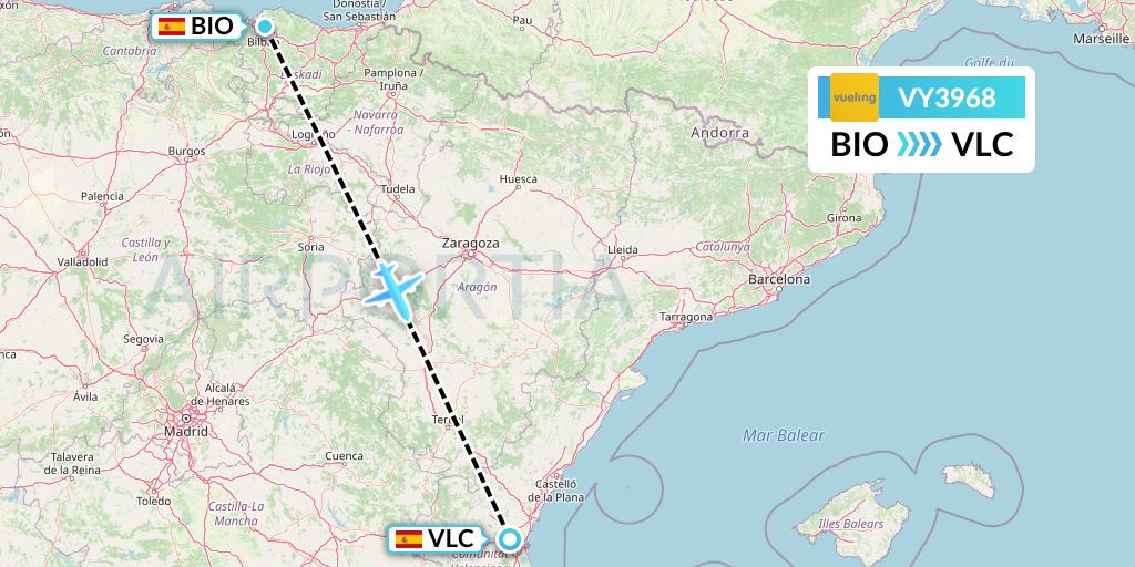 VY3968 Vueling Flight Map: Bilbao to Valencia