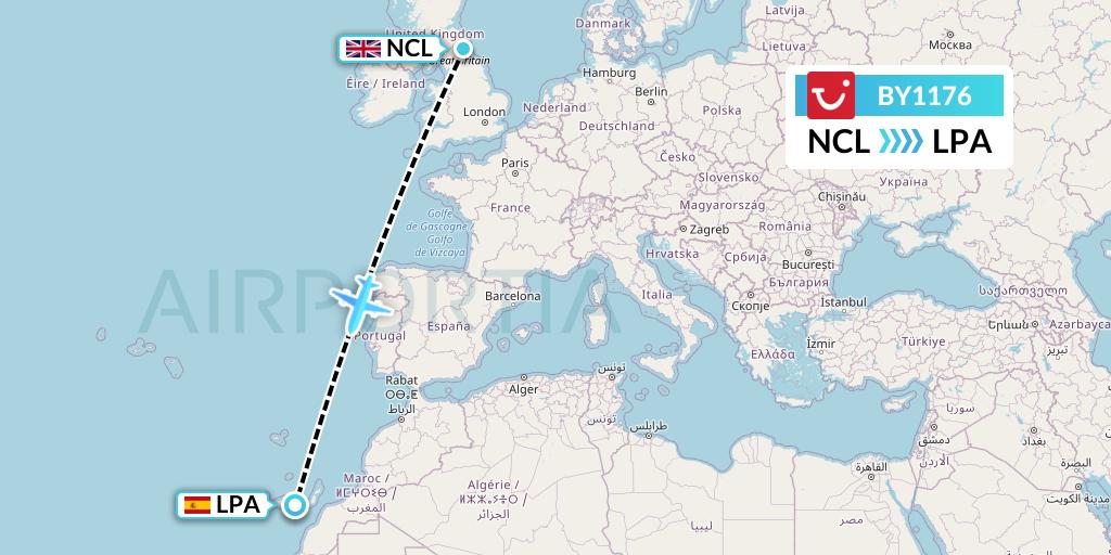 BY1176 TUI Airways Flight Map: Newcastle to Las Palmas