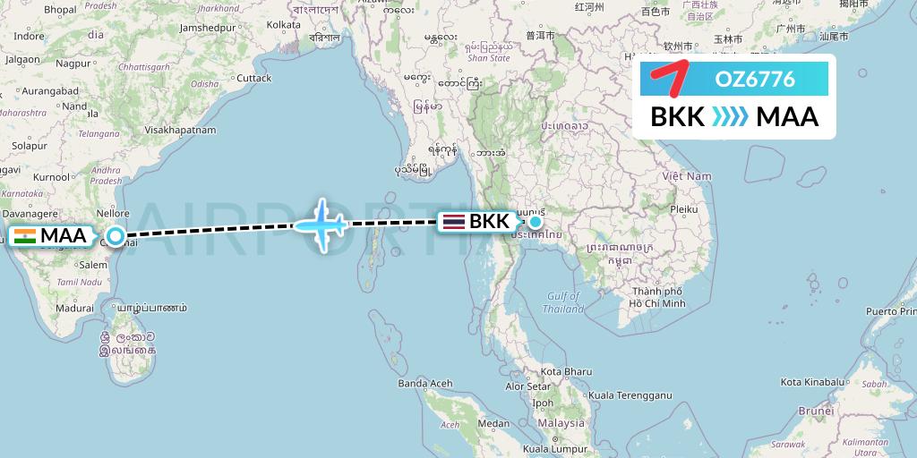 OZ6776 Asiana Airlines Flight Map: Bangkok to Chennai