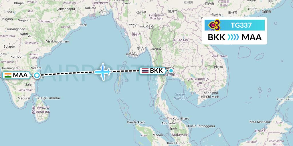 TG337 Thai Airways Flight Map: Bangkok to Chennai