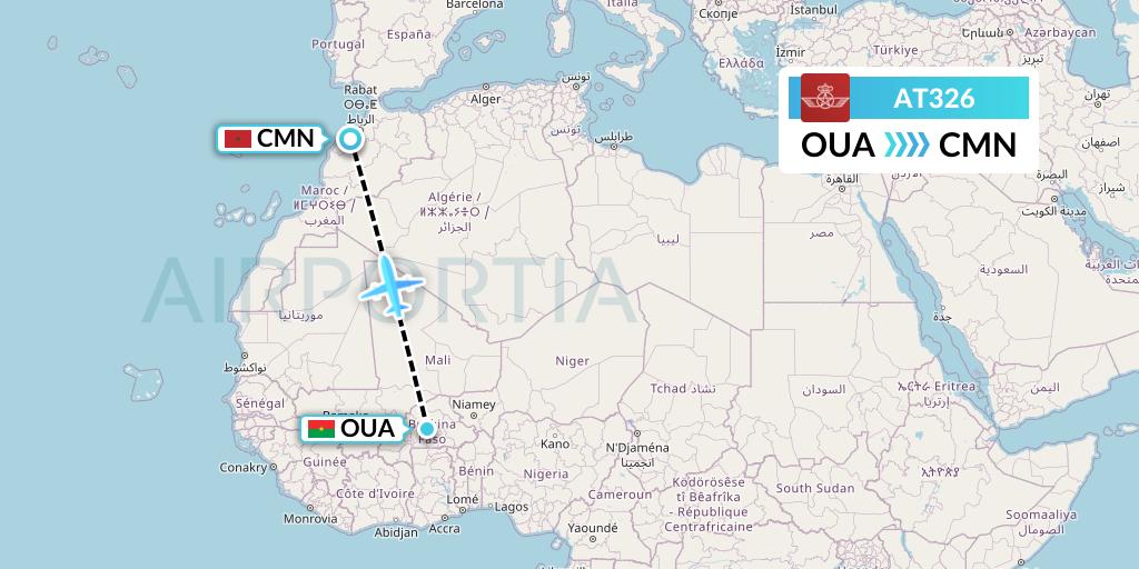 AT326 Royal Air Maroc Flight Map: Ouagadougou to Casablanca