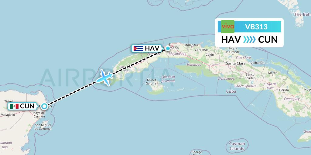 VB313 VivaAerobus Flight Map: Havana to Cancun