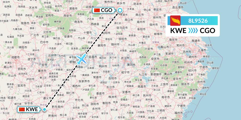 8L9526 Lucky Air Flight Map: Guiyang to Zhengzhou