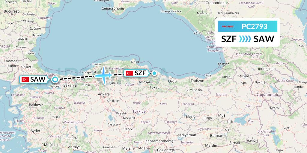 PC2793 Pegasus Airlines Flight Map: Samsun to Istanbul