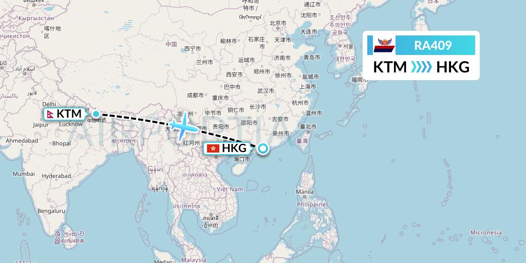 RA409 Royal Nepal Airlines Flight Map: Kathmandu to Hong Kong