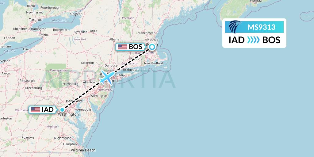 MS9313 EgyptAir Flight Map: Washington to Boston