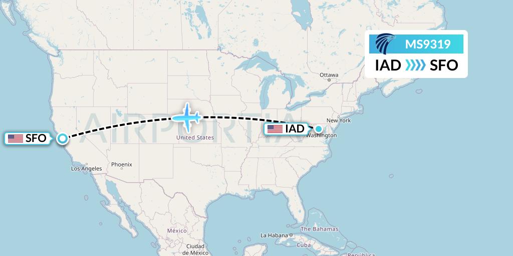 MS9319 EgyptAir Flight Map: Washington to San Francisco