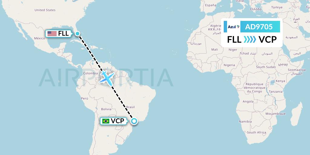 AD9705 Azul Brazilian Airlines Flight Map: Fort Lauderdale to Campinas