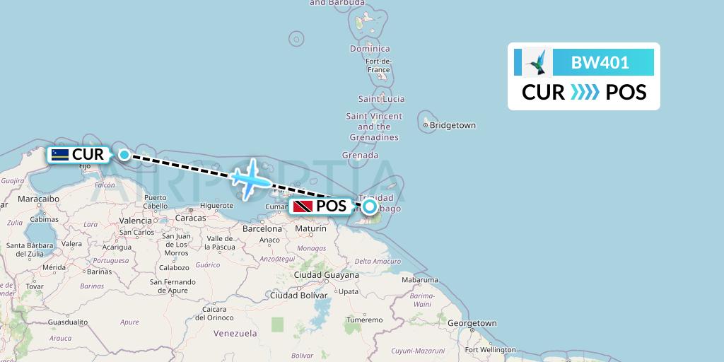 BW401 Caribbean Airlines Flight Map: Willemstad to Port of Spain