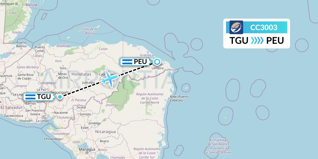 CC3003 CM Airlines Flight Map: Tegucigalpa to Puerto Lempira