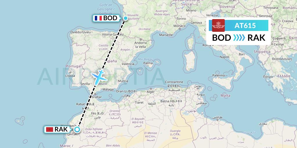 AT615 Royal Air Maroc Flight Map: Bordeaux to Marrakesh 