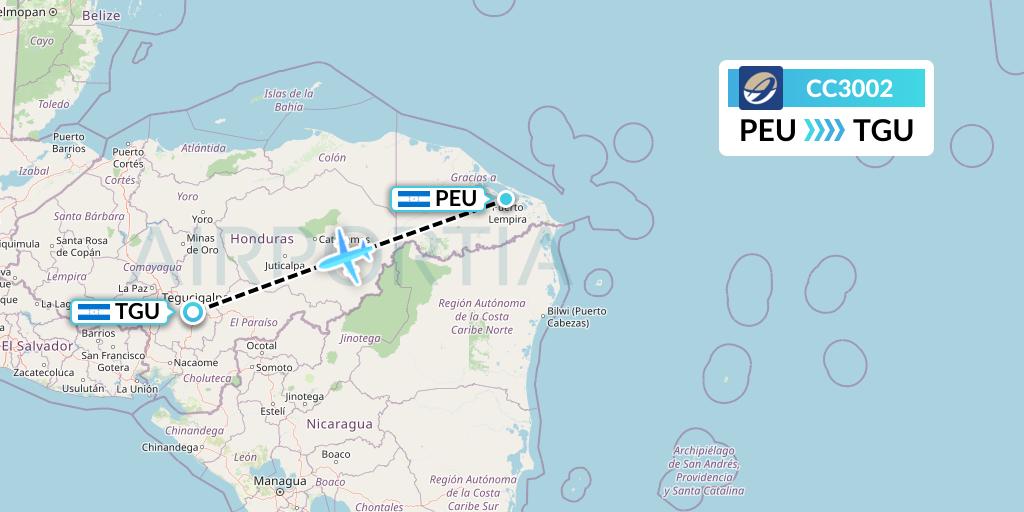CC3002 CM Airlines Flight Map: Puerto Lempira to Tegucigalpa