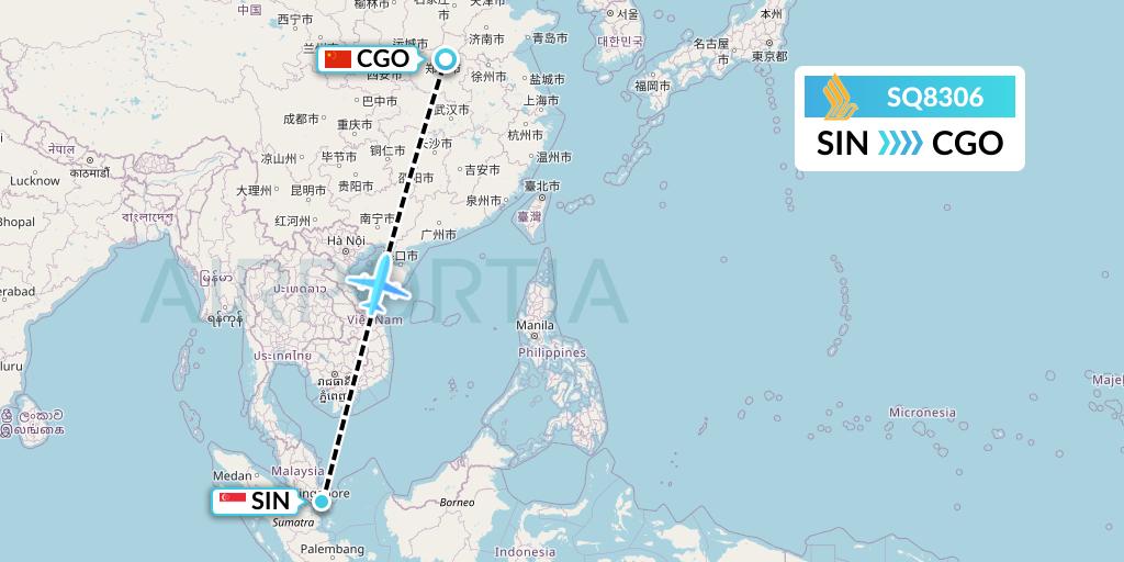 SQ8306 Singapore Airlines Flight Map: Singapore to Zhengzhou