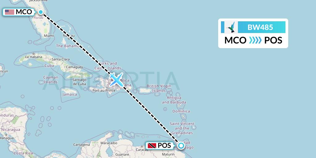 BW485 Caribbean Airlines Flight Map: Orlando to Port of Spain