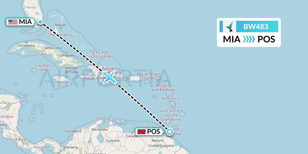 BW483 Caribbean Airlines Flight Map: Miami to Port of Spain