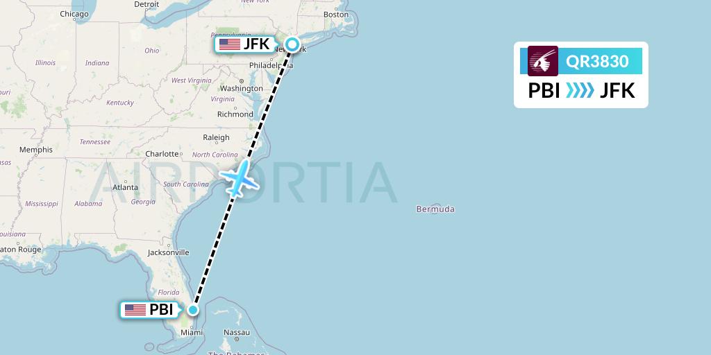 QR3830 Qatar Airways Flight Map: West Palm Beach to New York