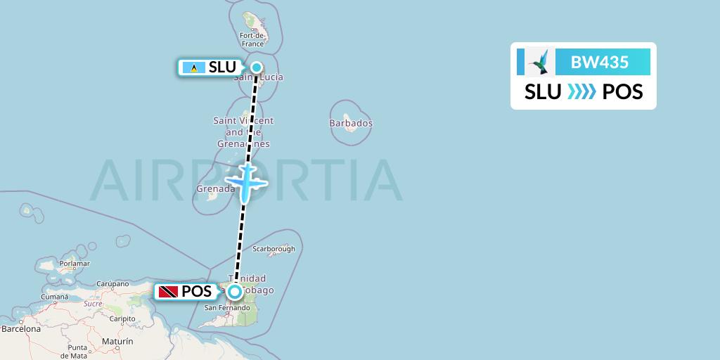 BW435 Caribbean Airlines Flight Map: Castries to Port of Spain