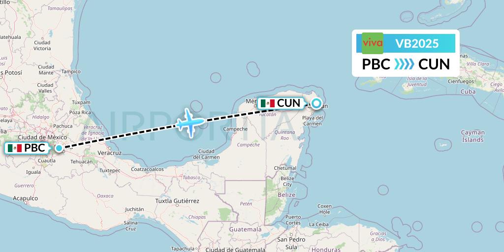 VB2025 VivaAerobus Flight Map: Puebla to Cancun