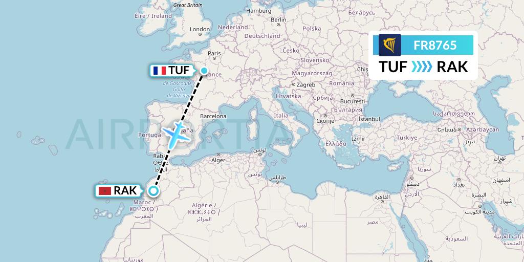 FR8765 Ryanair Flight Map: Tours to Marrakesh 