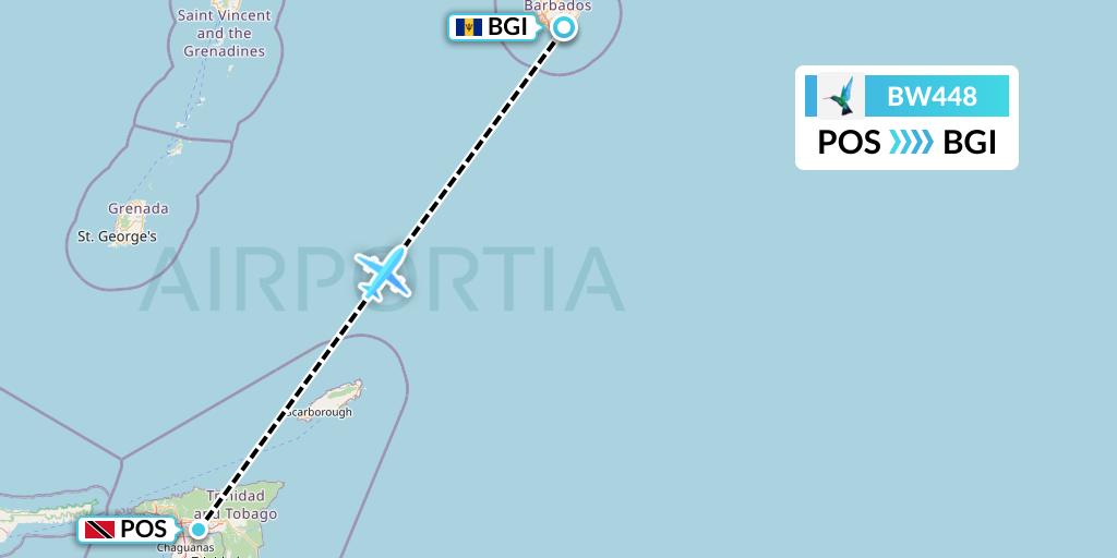 BW448 Caribbean Airlines Flight Map: Port of Spain to Bridgetown
