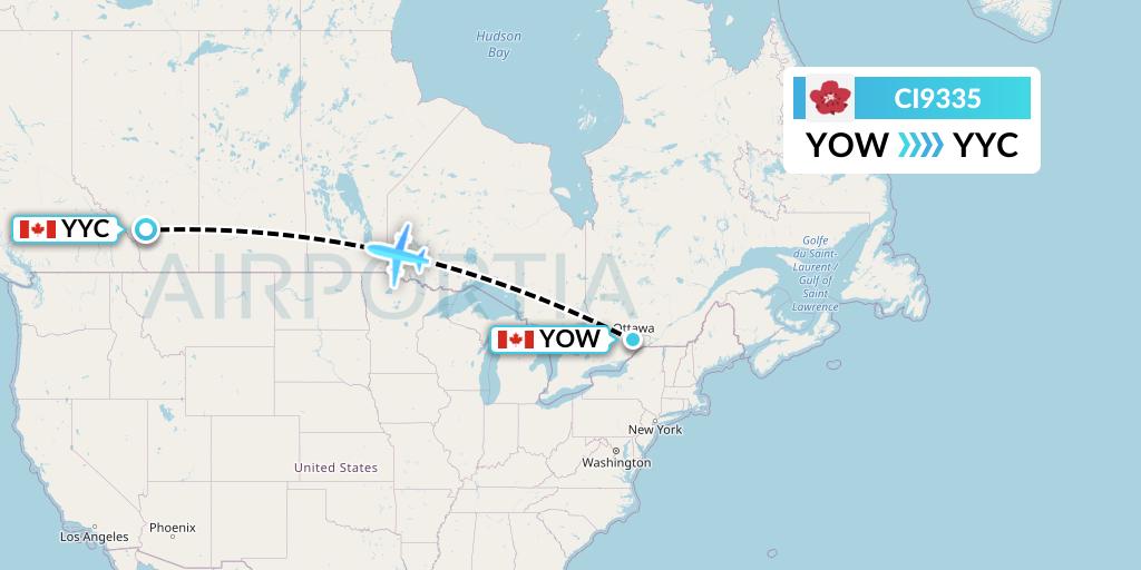 CI9335 China Airlines Flight Map: Ottawa to Calgary