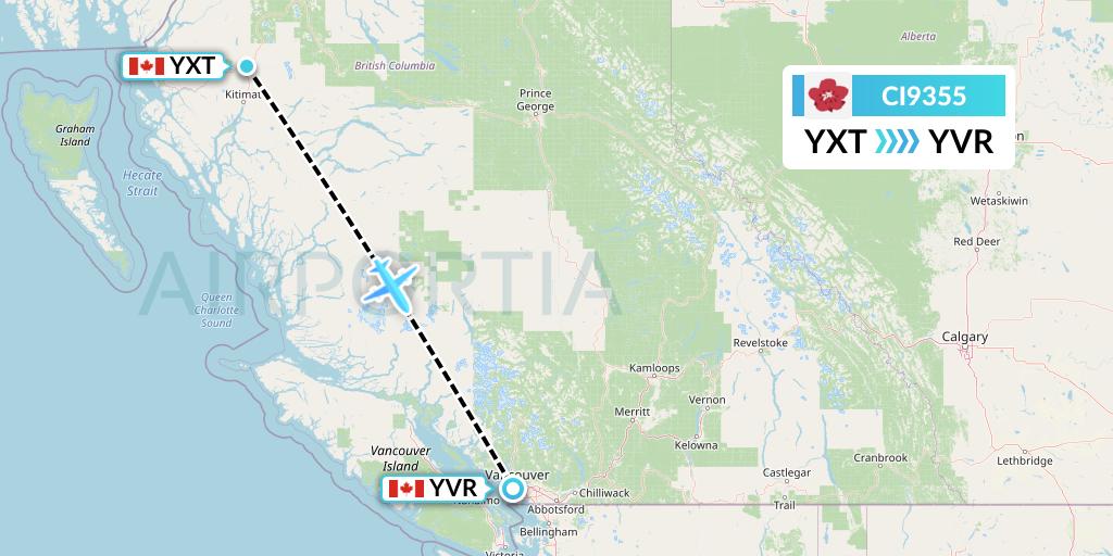 CI9355 China Airlines Flight Map: Terrace to Vancouver