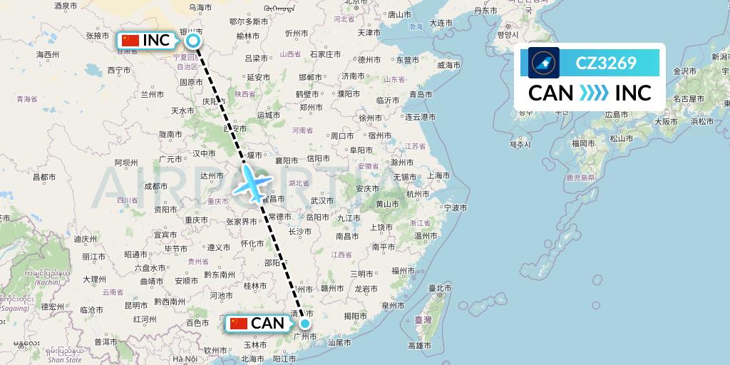 CZ3269 China Southern Airlines Flight Map: Guangzhou to Yinchuan