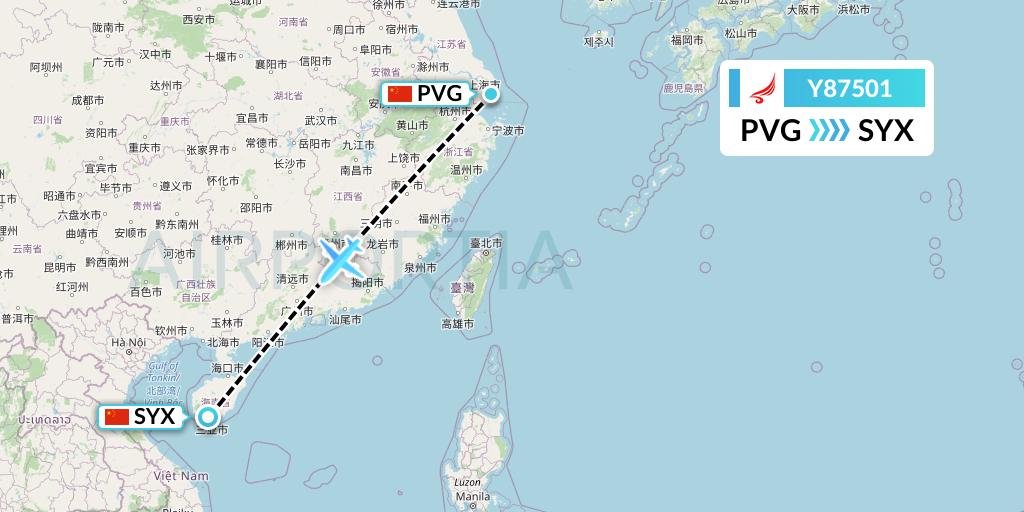 Y87501 Yangtze River Express Flight Map: Shanghai to Sanya