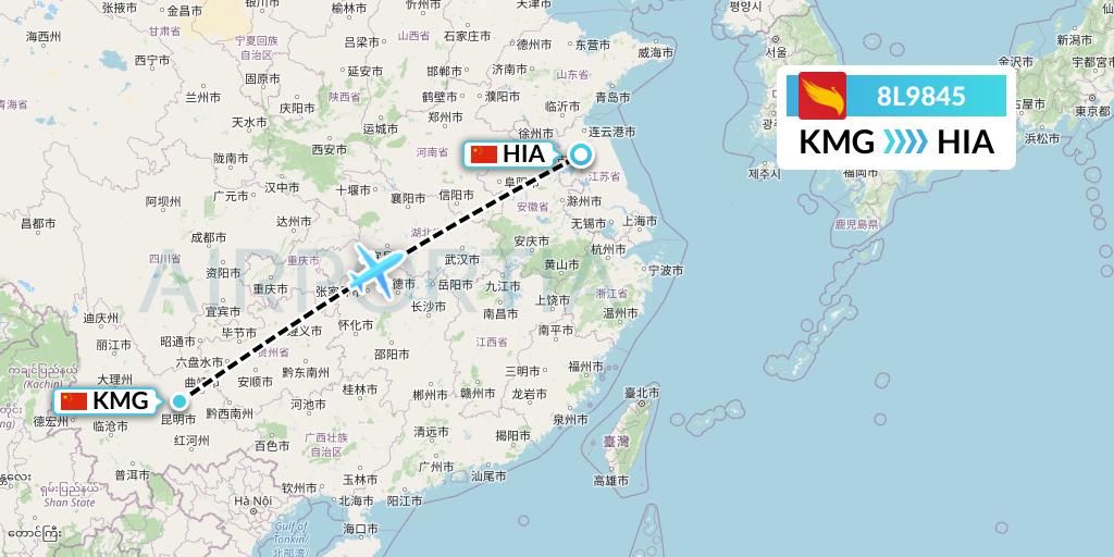 8L9845 Lucky Air Flight Map: Kunming to Huai'an