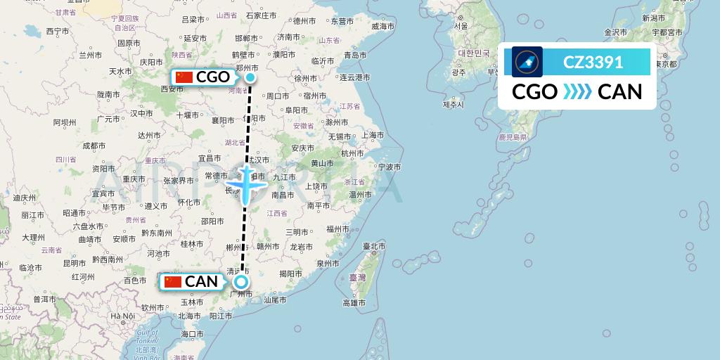 CZ3391 China Southern Airlines Flight Map: Zhengzhou to Guangzhou