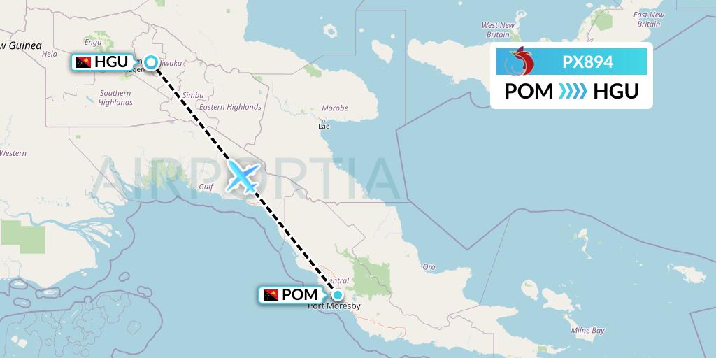 PX894 Air Niugini Flight Map: Port Moresby to Mount Hagen